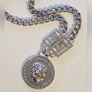 Greek Key Lion Head Necklace with Rhinestones